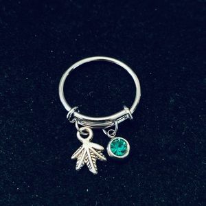 Weed Plant charm dangle ring with rhinestone/birthstone charm